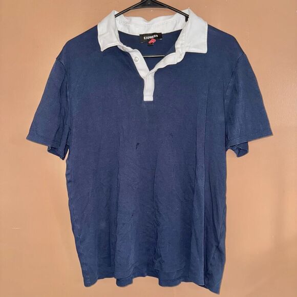 Express Men's Short Sleeve Polo Tee T-Shirt Navy Blue White Size Large - Picture 1 of 8